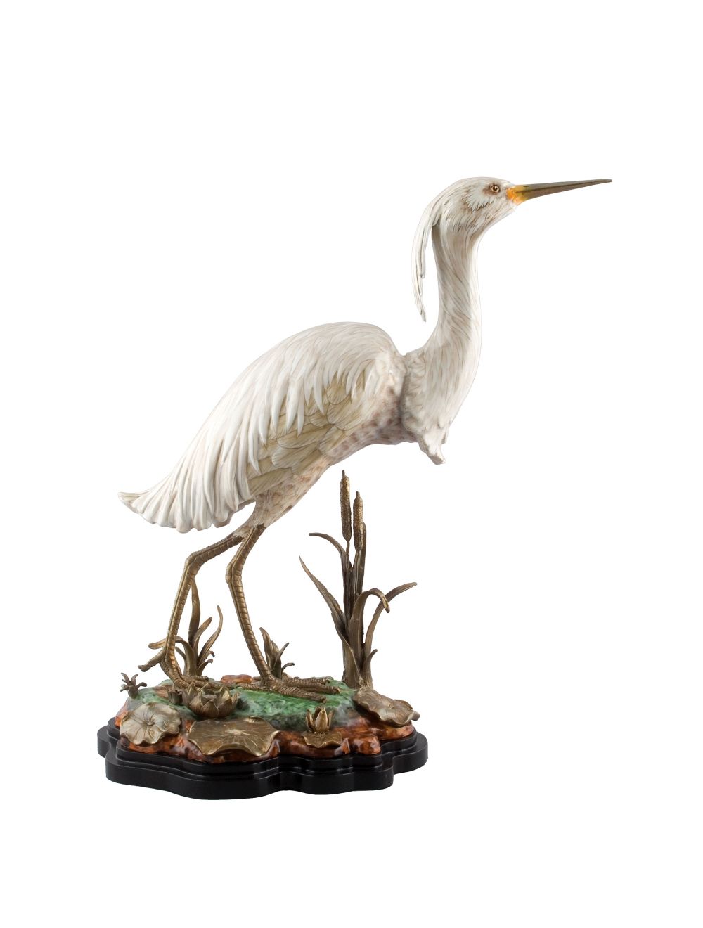 Porcelain Snowy Egret Brass & Burl 60205