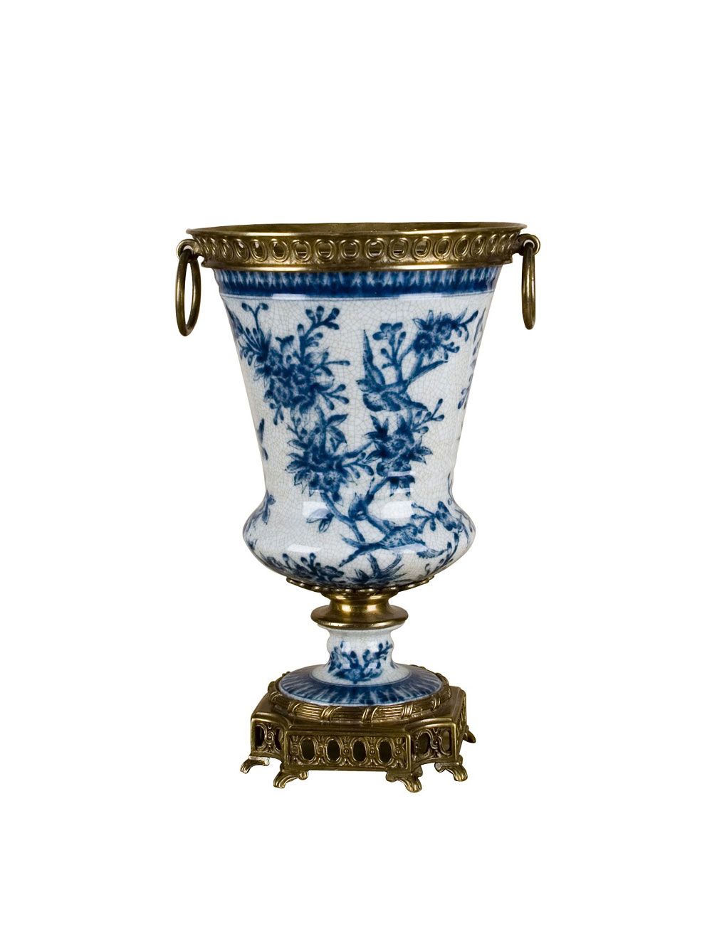 Blue and White Chinoiserie Floral Porcelain Square Pot with Ormolu Accent 10" 