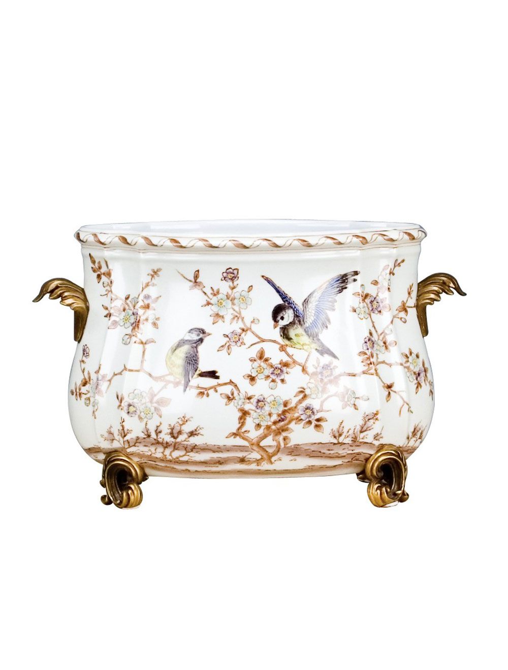 Beautiful Porcelain Planter Almond Color Antiqued Brass Accents 